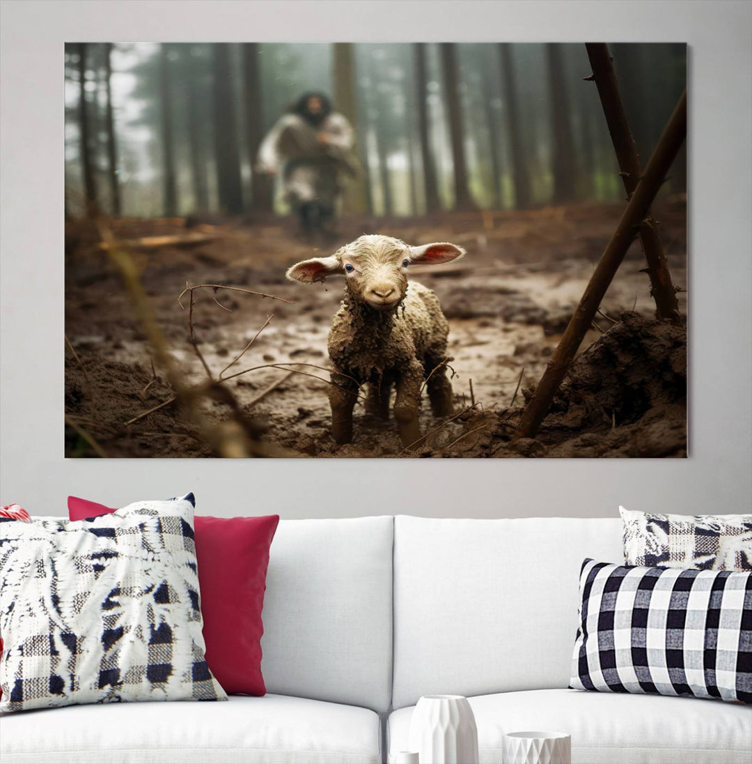 Jesus and Lamb, Jesus Shepherd Lamb, Jesus Lamb of God, Loss Sheep with Jesus Wall Art Canvas Print Wall Art