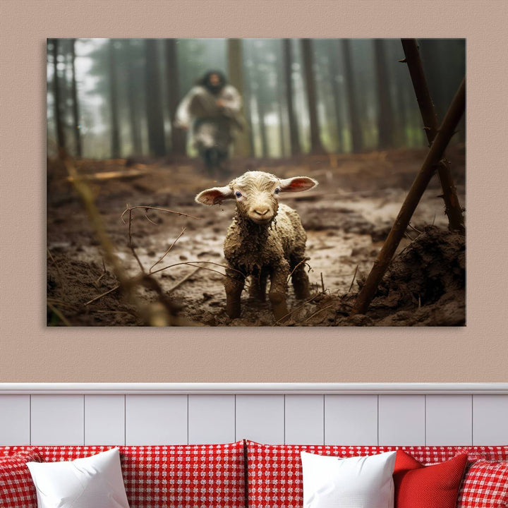 Jesus and Lamb, Jesus Shepherd Lamb, Jesus Lamb of God, Loss Sheep with Jesus Wall Art Canvas Print Wall Art