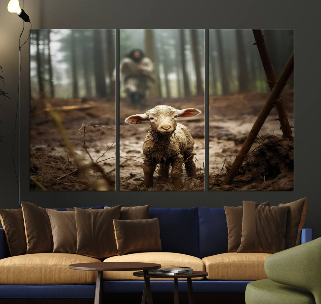 Jesus and Lamb, Jesus Shepherd Lamb, Jesus Lamb of God, Loss Sheep with Jesus Wall Art Canvas Print Wall Art