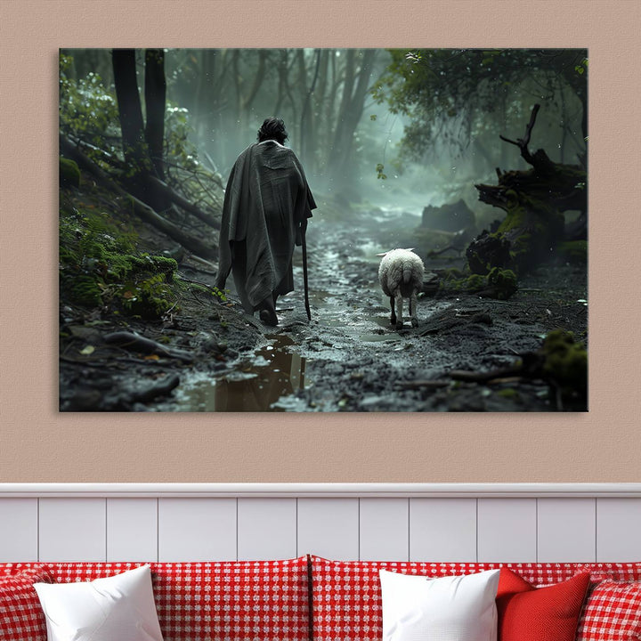 Jesus and Lamb, Jesus Shepherd Lamb, Jesus Lamb of God, Loss Sheep with Jesus Wall Art Canvas Print Wall Art Canvas Print