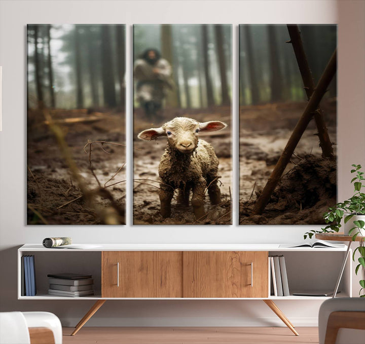 Jesus and Lamb, Jesus Shepherd Lamb, Jesus Lamb of God, Loss Sheep with Jesus Wall Art Canvas Print Wall Art