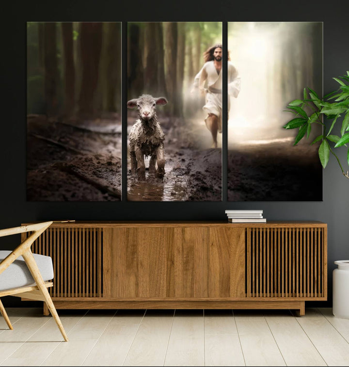 Jesus Canvas Wall Art, Jesus Running After Lost Lamb, Jesus, Christian Home Decor, Jesus Saving Lamb, Jesus Art