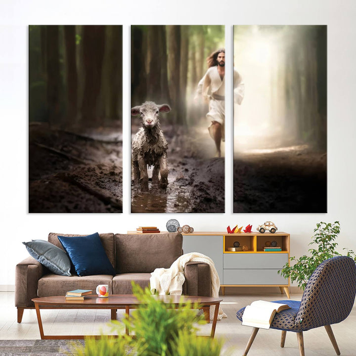 Jesus Canvas Wall Art, Jesus Running After Lost Lamb, Jesus, Christian Home Decor, Jesus Saving Lamb, Jesus Art