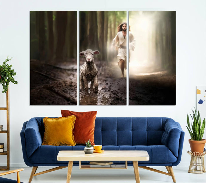 Jesus Canvas Wall Art, Jesus Running After Lost Lamb, Jesus, Christian Home Decor, Jesus Saving Lamb, Jesus Art