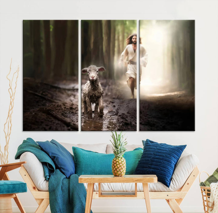 Jesus Canvas Wall Art, Jesus Running After Lost Lamb, Jesus, Christian Home Decor, Jesus Saving Lamb, Jesus Art