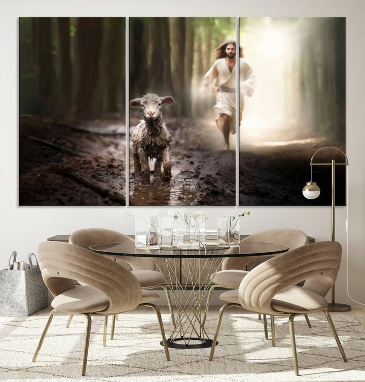 Jesus Canvas Wall Art, Jesus Running After Lost Lamb, Jesus, Christian Home Decor, Jesus Saving Lamb, Jesus Art