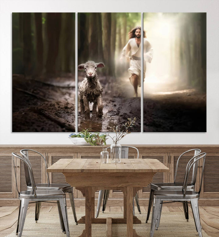 Jesus Canvas Wall Art, Jesus Running After Lost Lamb, Jesus, Christian Home Decor, Jesus Saving Lamb, Jesus Art