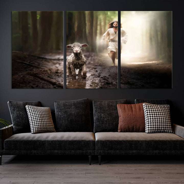 Jesus Canvas Wall Art, Jesus Running After Lost Lamb, Jesus, Christian Home Decor, Jesus Saving Lamb, Jesus Art