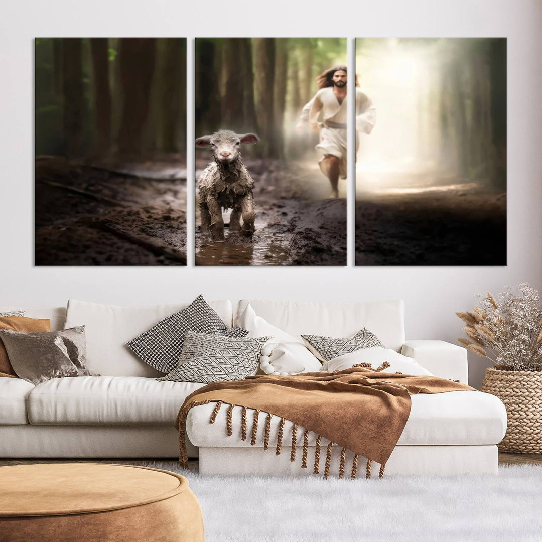 Jesus Canvas Wall Art, Jesus Running After Lost Lamb, Jesus, Christian Home Decor, Jesus Saving Lamb, Jesus Art