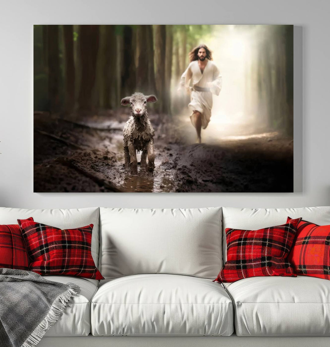 Jesus Canvas Wall Art, Jesus Running After Lost Lamb, Jesus, Christian Home Decor, Jesus Saving Lamb, Jesus Art