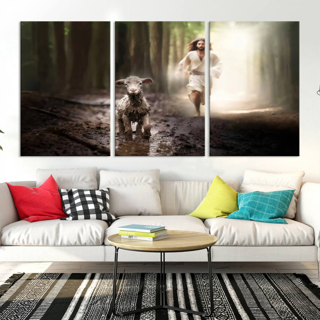 Jesus Canvas Wall Art, Jesus Running After Lost Lamb, Jesus, Christian Home Decor, Jesus Saving Lamb, Jesus Art