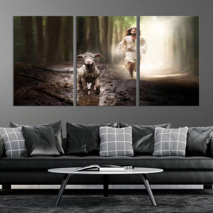 Jesus Canvas Wall Art, Jesus Running After Lost Lamb, Jesus, Christian Home Decor, Jesus Saving Lamb, Jesus Art