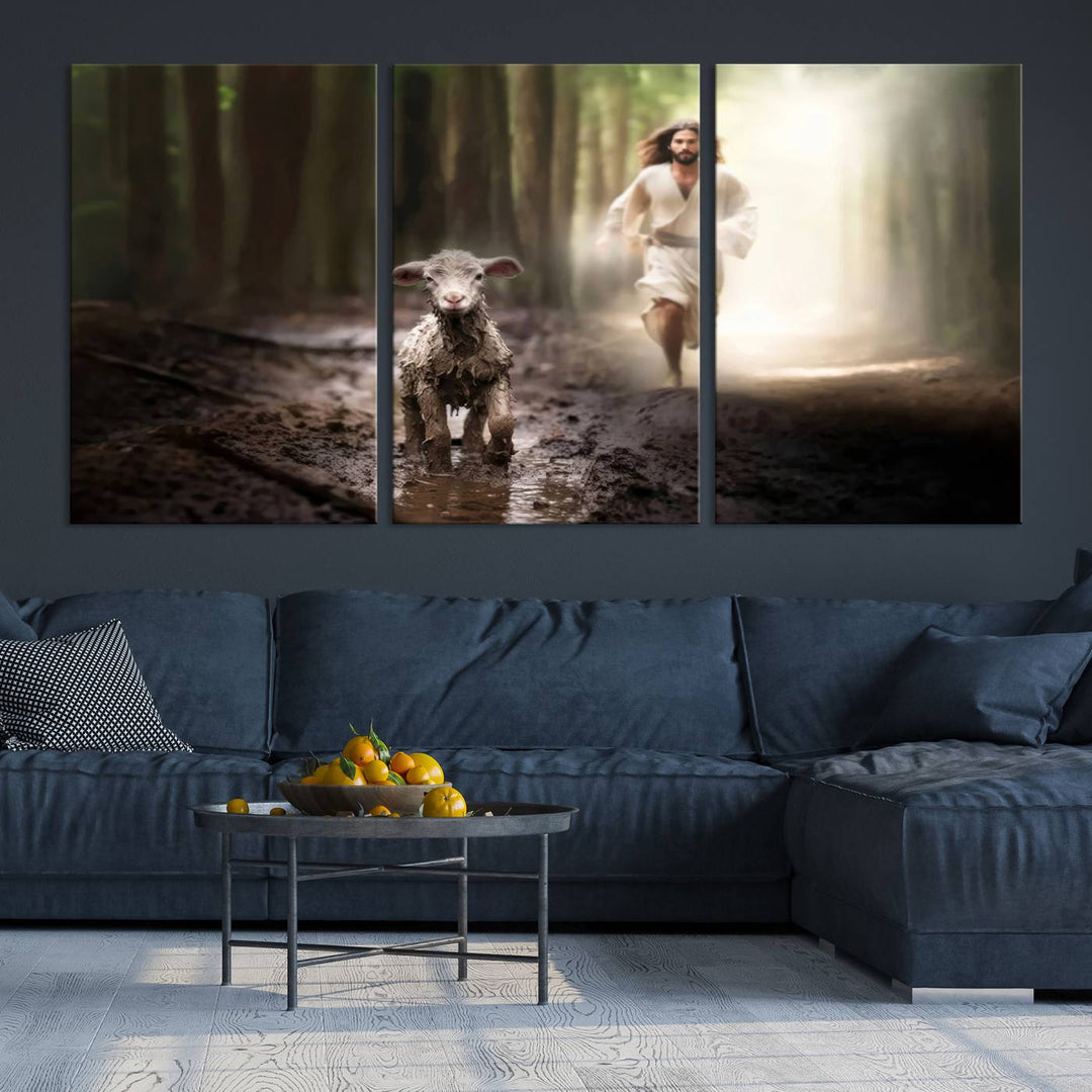 Jesus Canvas Wall Art, Jesus Running After Lost Lamb, Jesus, Christian Home Decor, Jesus Saving Lamb, Jesus Art