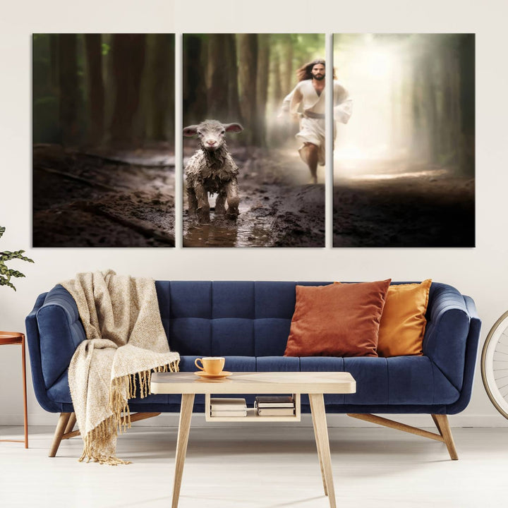 Jesus Canvas Wall Art, Jesus Running After Lost Lamb, Jesus, Christian Home Decor, Jesus Saving Lamb, Jesus Art