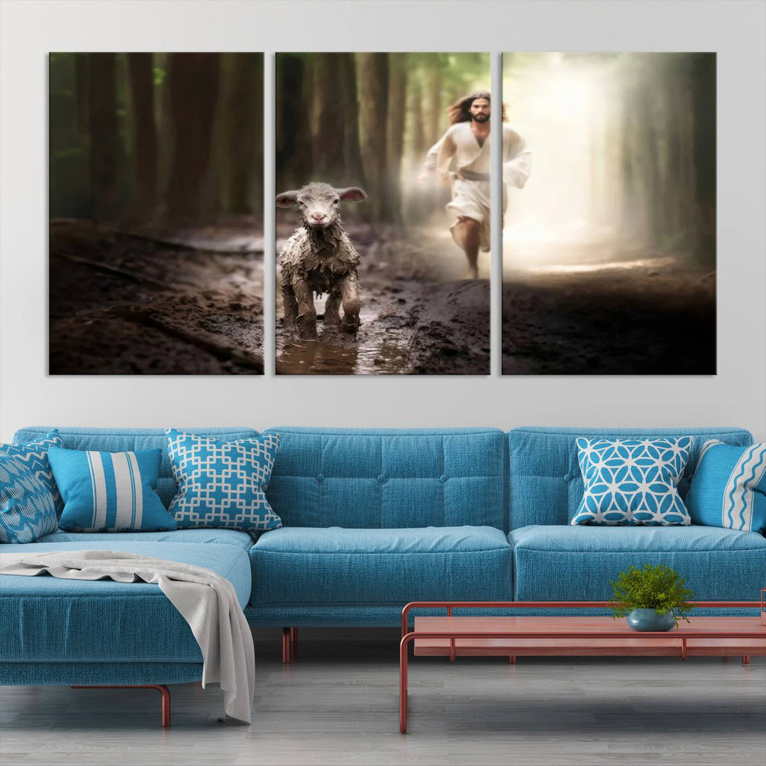 Jesus Canvas Wall Art, Jesus Running After Lost Lamb, Jesus, Christian Home Decor, Jesus Saving Lamb, Jesus Art