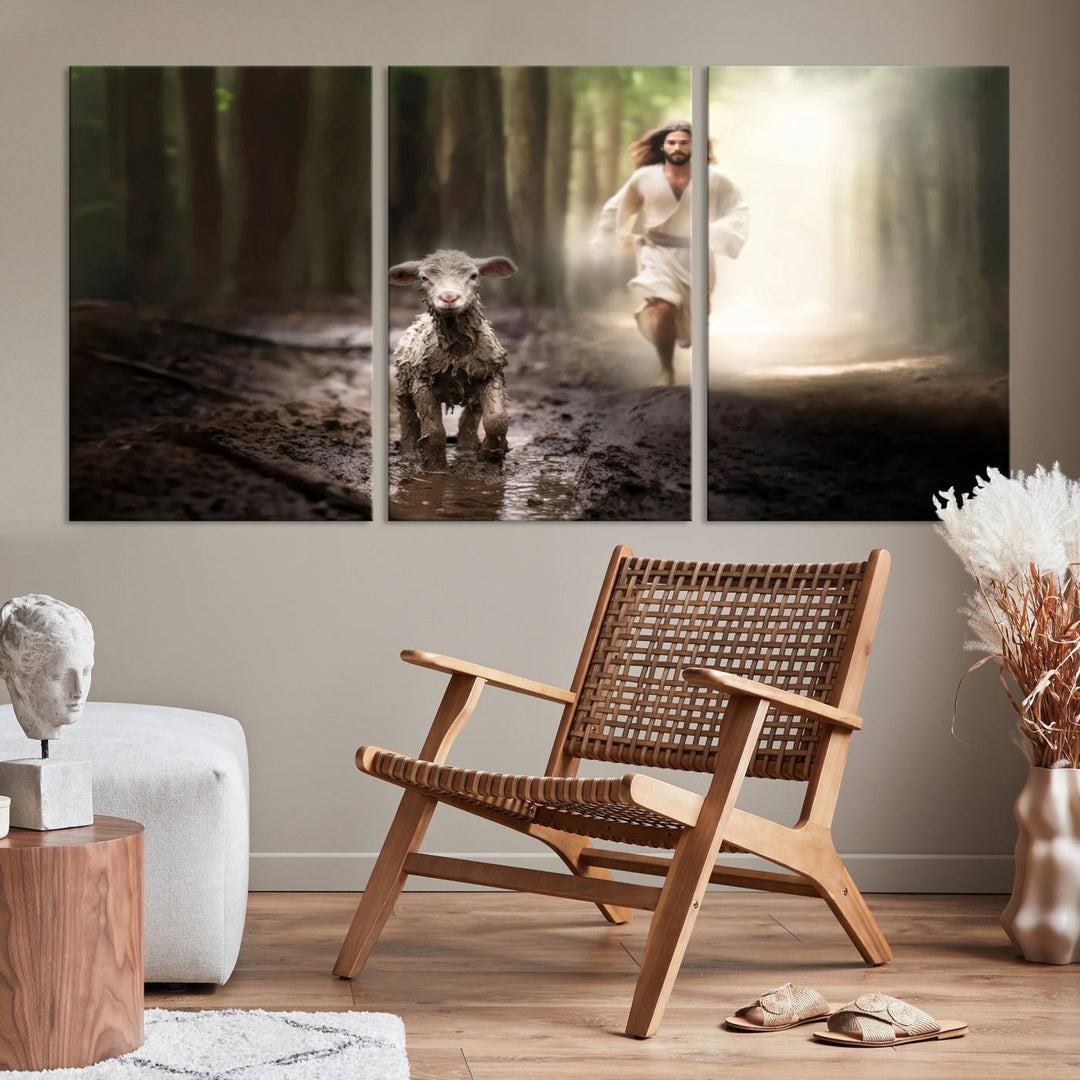 Jesus Canvas Wall Art, Jesus Running After Lost Lamb, Jesus, Christian Home Decor, Jesus Saving Lamb, Jesus Art