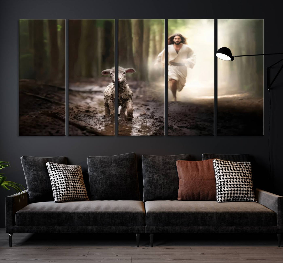 Jesus Canvas Wall Art, Jesus Running After Lost Lamb, Jesus, Christian Home Decor, Jesus Saving Lamb, Jesus Art