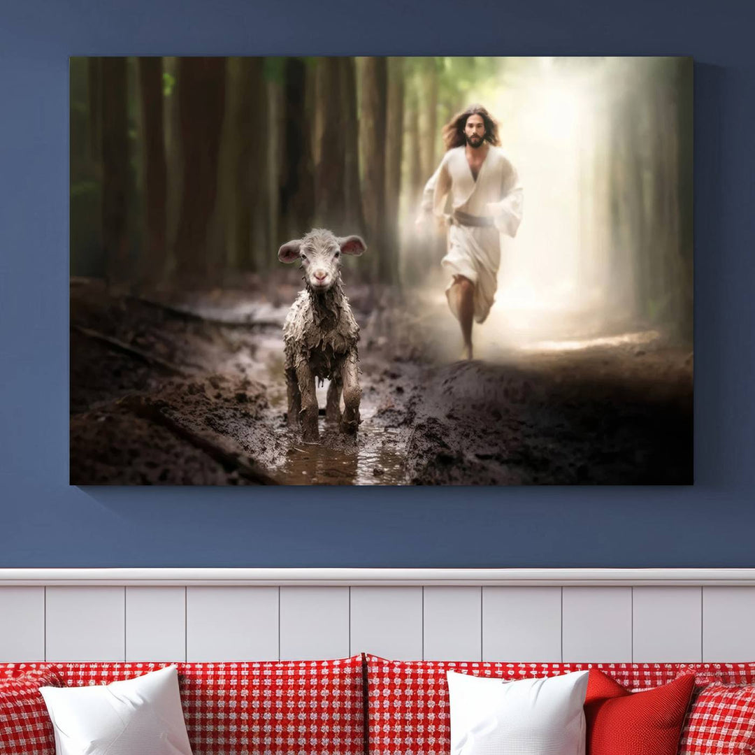 Jesus Canvas Wall Art, Jesus Running After Lost Lamb, Jesus, Christian Home Decor, Jesus Saving Lamb, Jesus Art