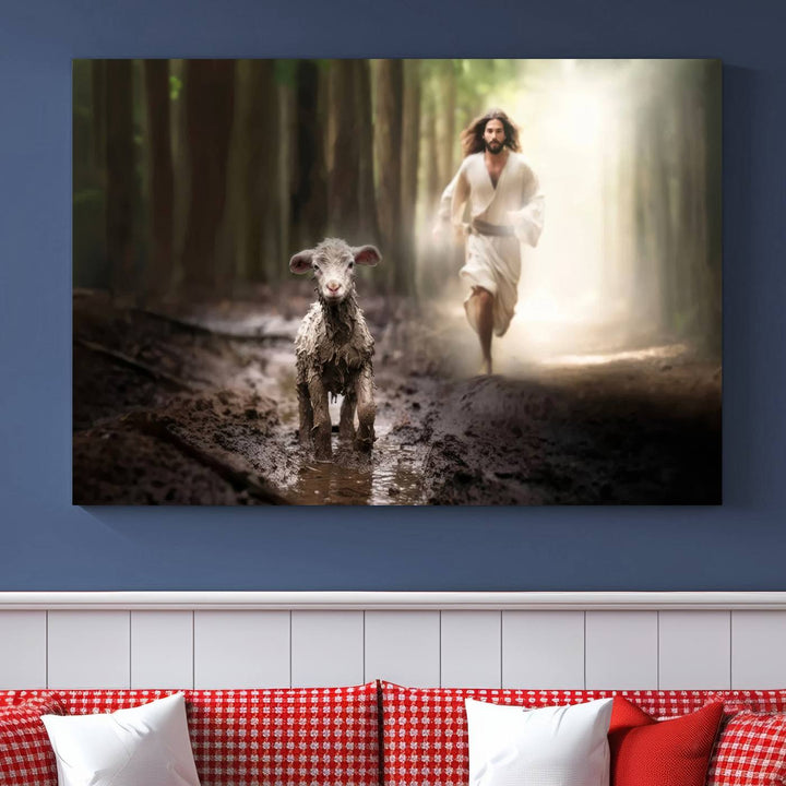 Jesus Canvas Wall Art, Jesus Running After Lost Lamb, Jesus, Christian Home Decor, Jesus Saving Lamb, Jesus Art