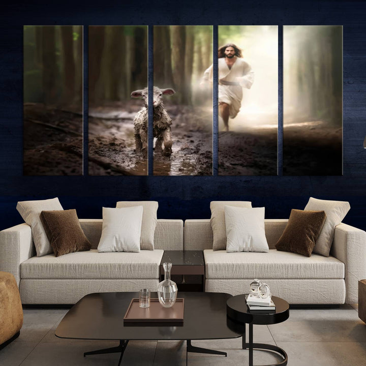 Jesus Canvas Wall Art, Jesus Running After Lost Lamb, Jesus, Christian Home Decor, Jesus Saving Lamb, Jesus Art