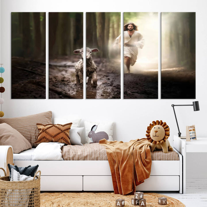 Jesus Canvas Wall Art, Jesus Running After Lost Lamb, Jesus, Christian Home Decor, Jesus Saving Lamb, Jesus Art