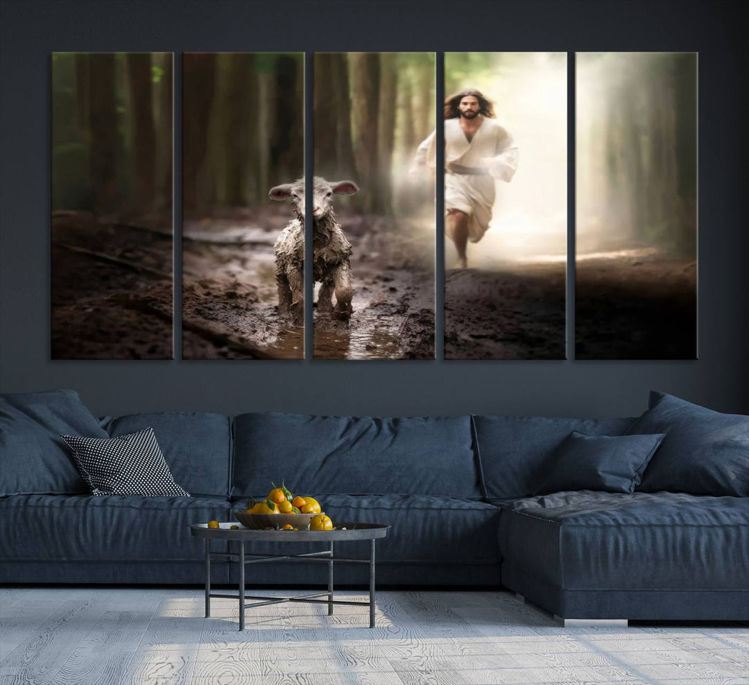 Jesus Canvas Wall Art, Jesus Running After Lost Lamb, Jesus, Christian Home Decor, Jesus Saving Lamb, Jesus Art