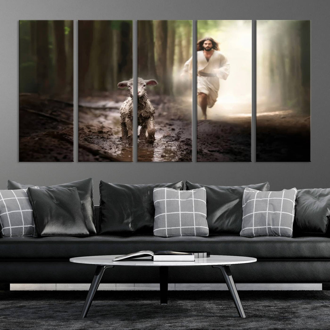 Jesus Canvas Wall Art, Jesus Running After Lost Lamb, Jesus, Christian Home Decor, Jesus Saving Lamb, Jesus Art