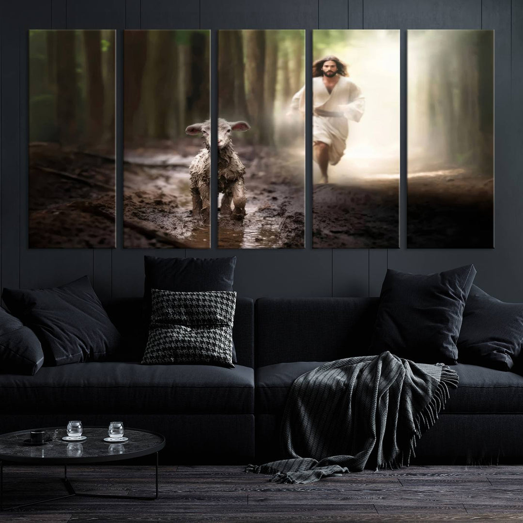 Jesus Canvas Wall Art, Jesus Running After Lost Lamb, Jesus, Christian Home Decor, Jesus Saving Lamb, Jesus Art