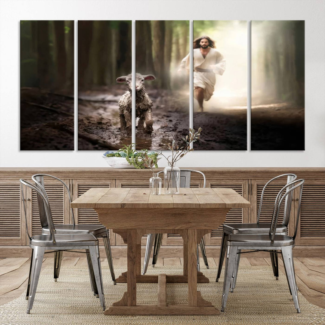 Jesus Canvas Wall Art, Jesus Running After Lost Lamb, Jesus, Christian Home Decor, Jesus Saving Lamb, Jesus Art