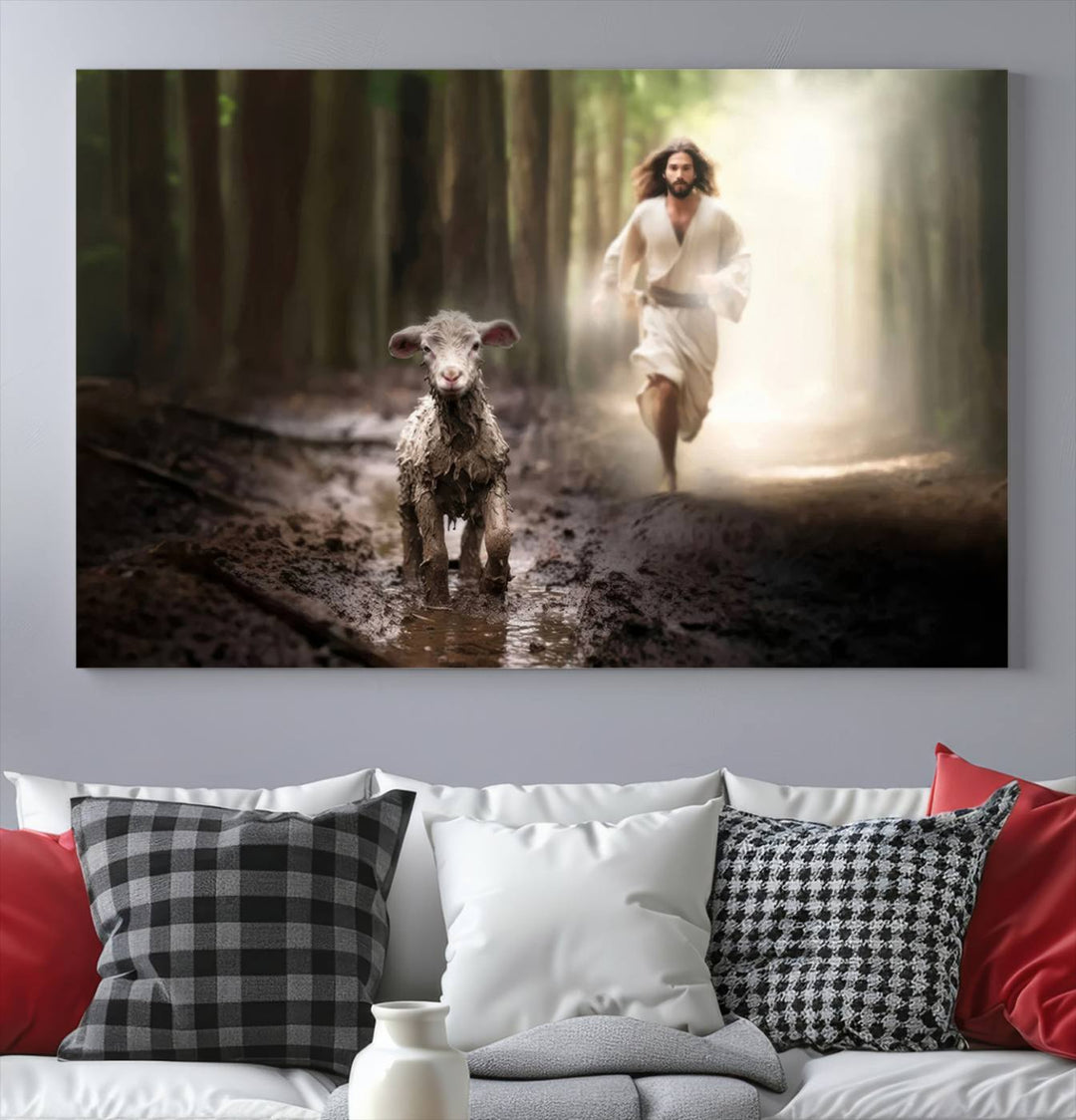 Jesus Canvas Wall Art, Jesus Running After Lost Lamb, Jesus, Christian Home Decor, Jesus Saving Lamb, Jesus Art