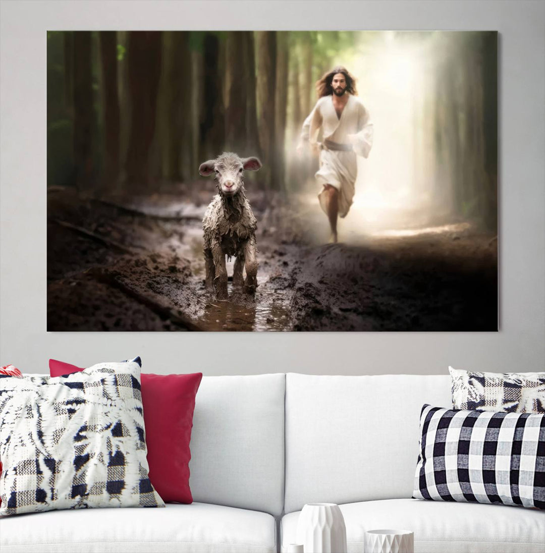 Jesus Canvas Wall Art, Jesus Running After Lost Lamb, Jesus, Christian Home Decor, Jesus Saving Lamb, Jesus Art