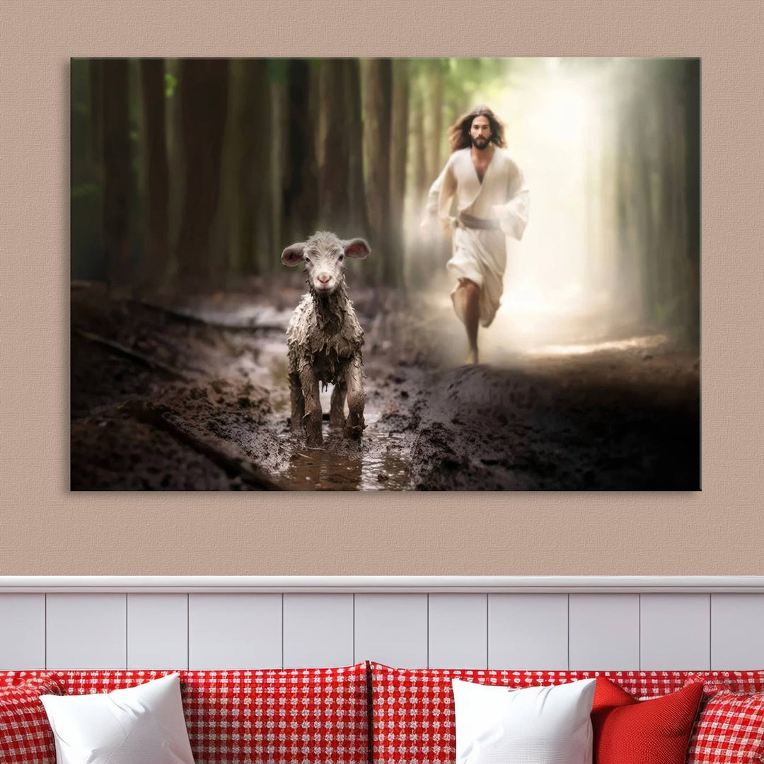 Jesus Canvas Wall Art, Jesus Running After Lost Lamb, Jesus, Christian Home Decor, Jesus Saving Lamb, Jesus Art