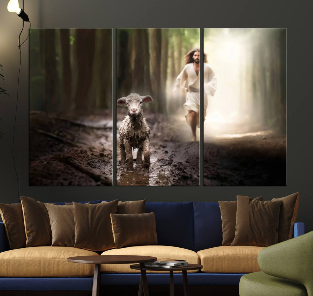 Jesus Canvas Wall Art, Jesus Running After Lost Lamb, Jesus, Christian Home Decor, Jesus Saving Lamb, Jesus Art