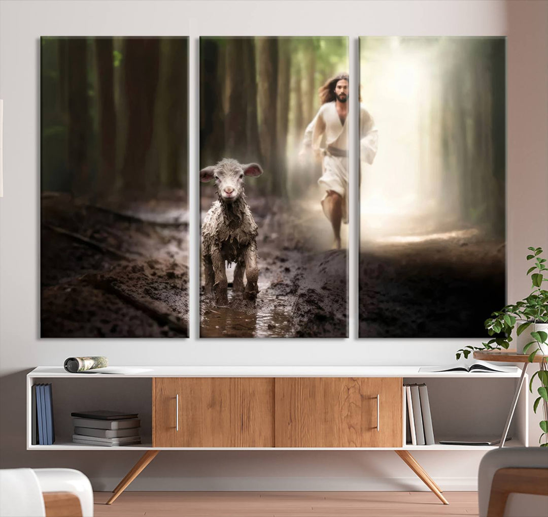 Jesus Canvas Wall Art, Jesus Running After Lost Lamb, Jesus, Christian Home Decor, Jesus Saving Lamb, Jesus Art