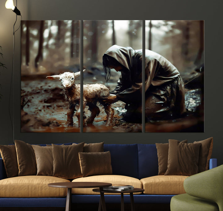 Jesus Lost Lamb Christian Religion Wall Art Canvas Print, Jesus Wall Art Print