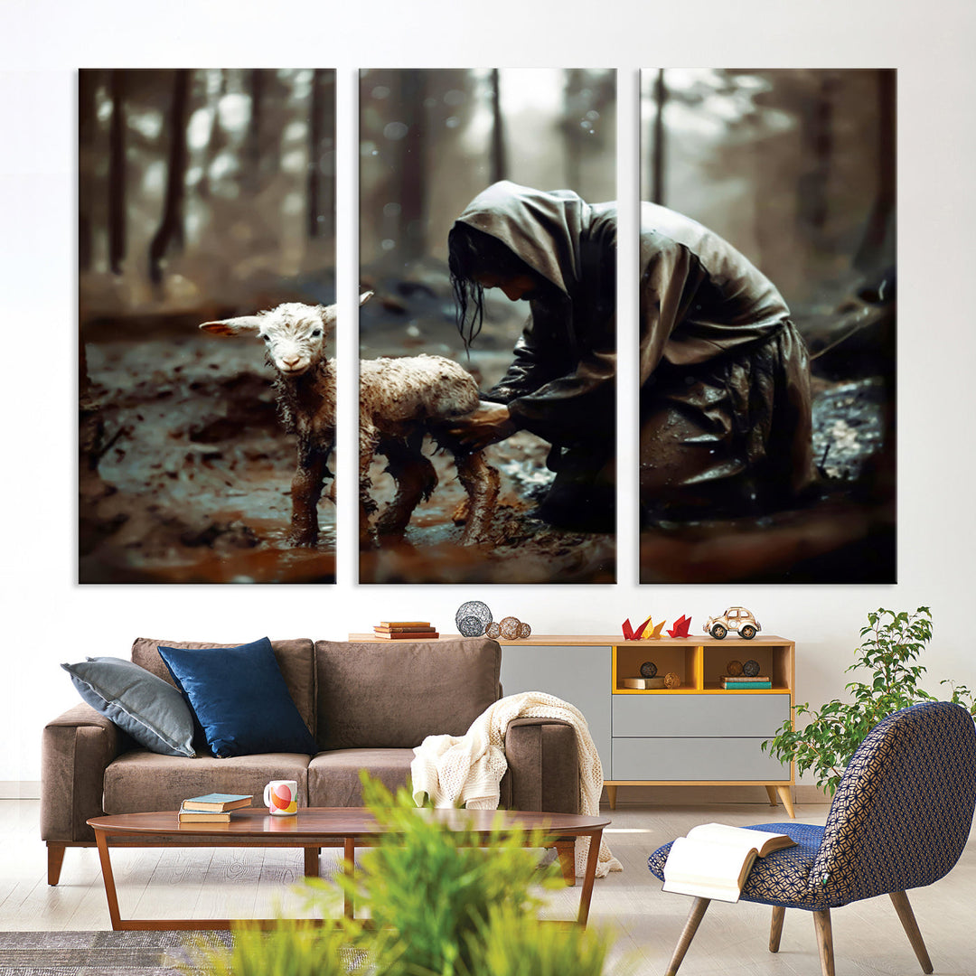 Jesus Lost Lamb Christian Religion Wall Art Canvas Print, Jesus Wall Art Print