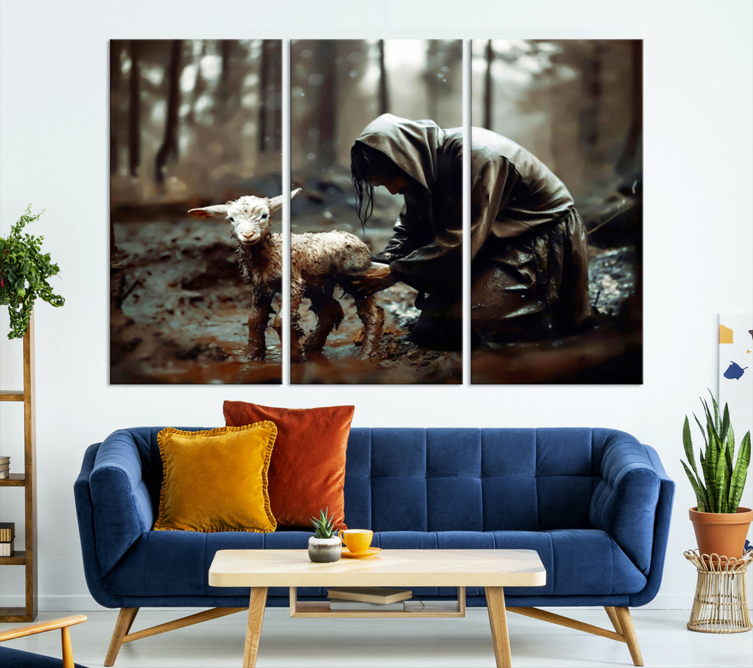 Jesus Lost Lamb Christian Religion Wall Art Canvas Print, Jesus Wall Art Print