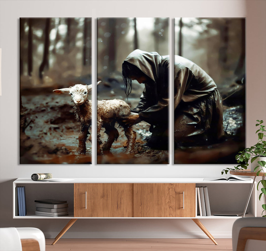 Jesus Lost Lamb Christian Religion Wall Art Canvas Print, Jesus Wall Art Print