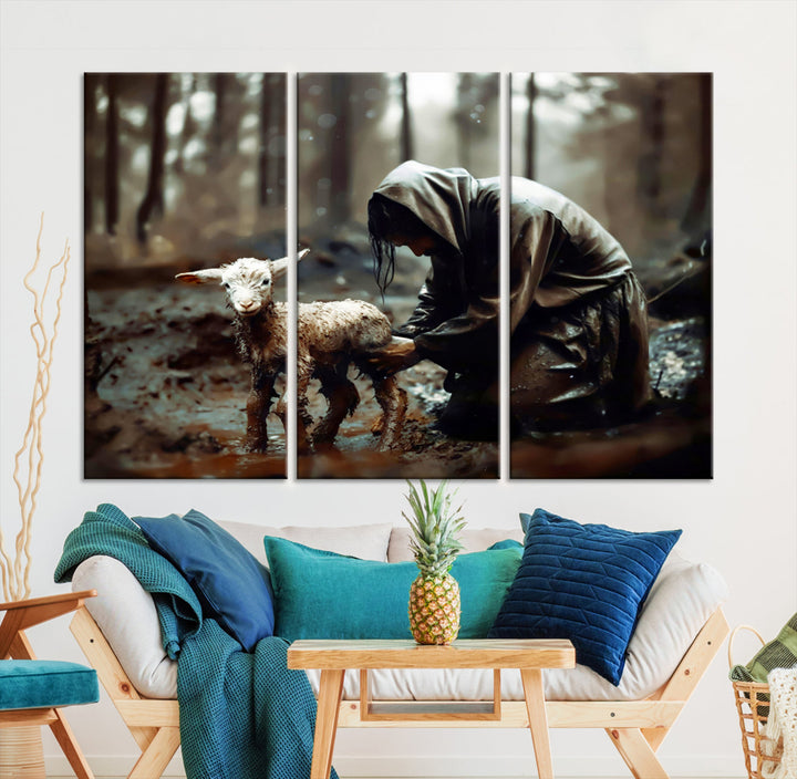 Jesus Lost Lamb Christian Religion Wall Art Canvas Print, Jesus Wall Art Print