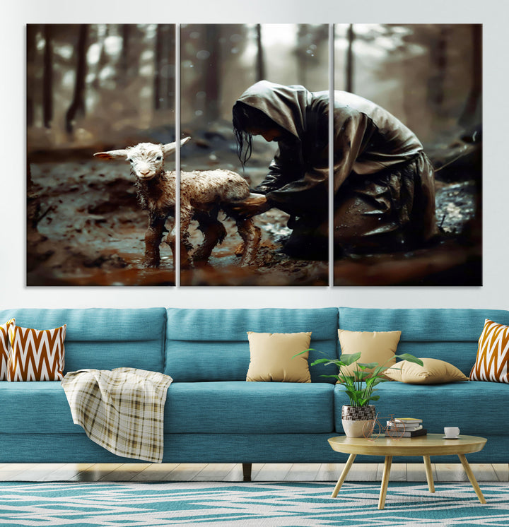 Jesus Lost Lamb Christian Religion Wall Art Canvas Print, Jesus Wall Art Print