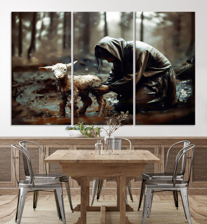 Jesus Lost Lamb Christian Religion Wall Art Canvas Print, Jesus Wall Art Print