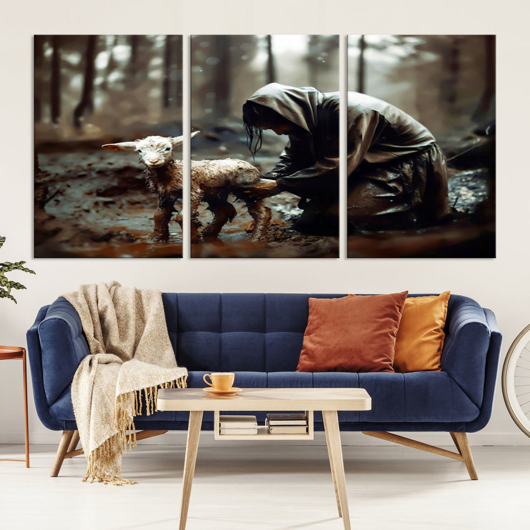 Jesus Lost Lamb Christian Religion Wall Art Canvas Print, Jesus Wall Art Print