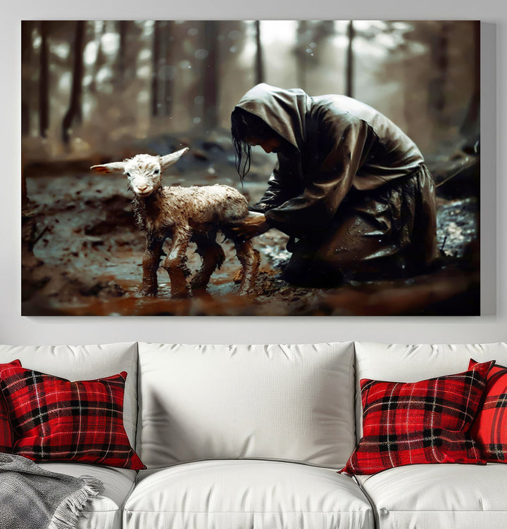 Jesus Lost Lamb Christian Religion Wall Art Canvas Print, Jesus Wall Art Print