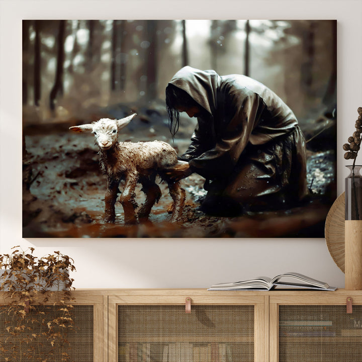 Jesus Lost Lamb Christian Religion Wall Art Canvas Print, Jesus Wall Art Print