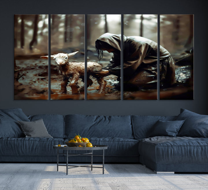 Jesus Lost Lamb Christian Religion Wall Art Canvas Print, Jesus Wall Art Print