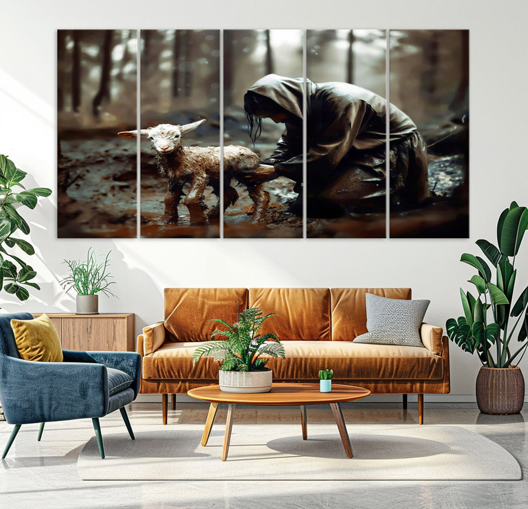 Jesus Lost Lamb Christian Religion Wall Art Canvas Print, Jesus Wall Art Print