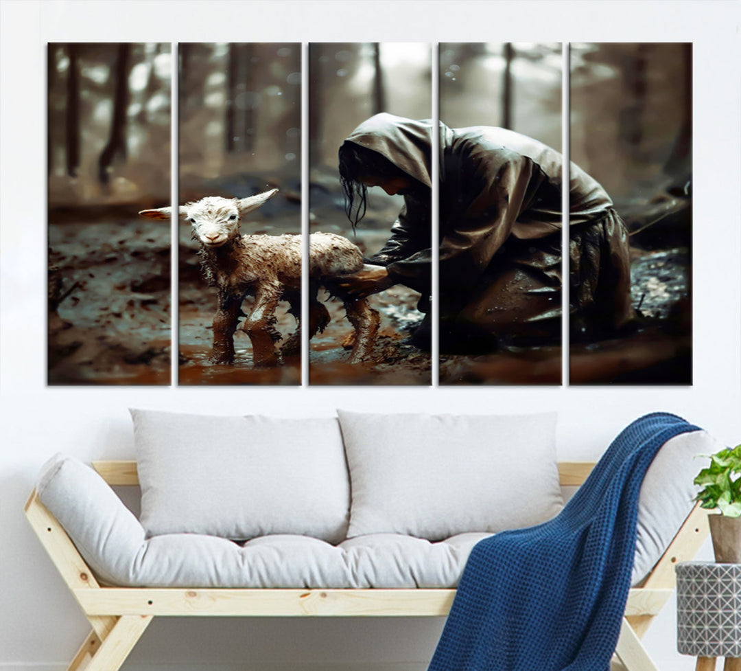 Jesus Lost Lamb Christian Religion Wall Art Canvas Print, Jesus Wall Art Print