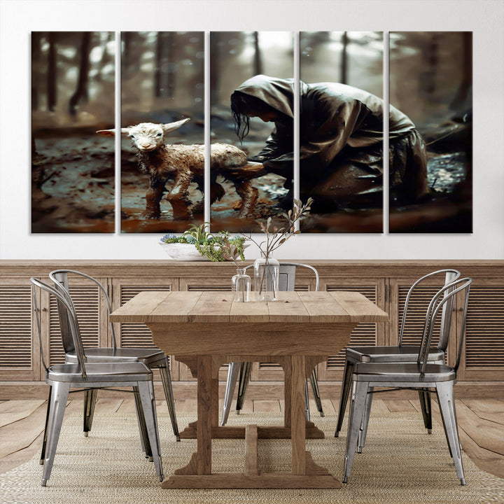 Jesus Lost Lamb Christian Religion Wall Art Canvas Print, Jesus Wall Art Print