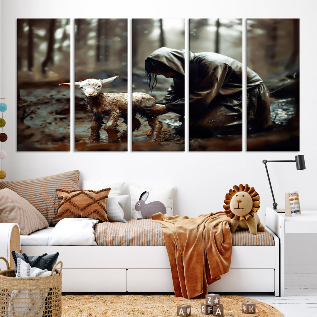 Jesus Lost Lamb Christian Religion Wall Art Canvas Print, Jesus Wall Art Print