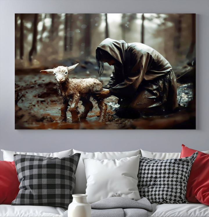 Jesus Lost Lamb Christian Religion Wall Art Canvas Print, Jesus Wall Art Print